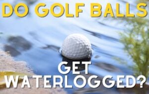 A golf balls floats in water with the words do golf balls get waterlogged in the foreground.