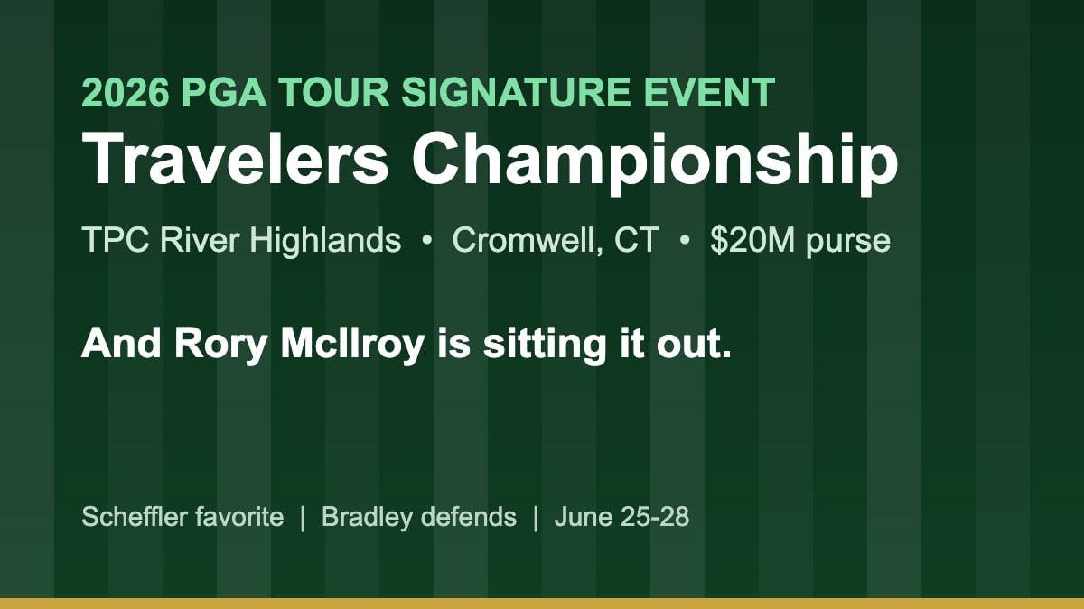 home page 1 2026 Travelers Championship at TPC River Highlands in Cromwell Connecticut graphic, noting Rory McIlroy is skipping the $20M signature event