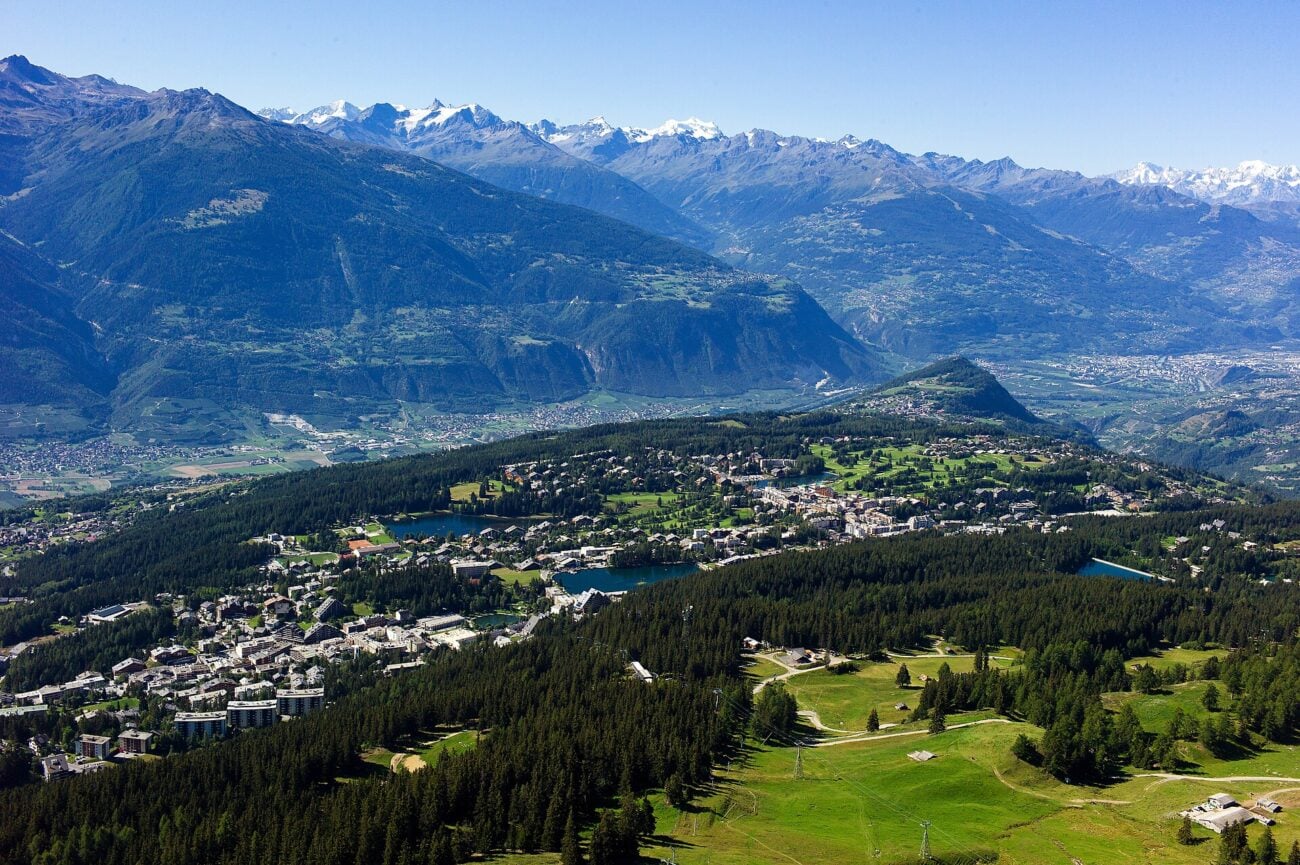 home page 3 Aerial view of the golf course at Crans-Montana in the Swiss Alps, host of the 2026 Omega European Masters
