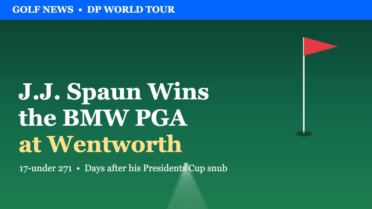 J.J. Spaun celebrates winning the 2026 BMW PGA Championship at Wentworth on the DP World Tour